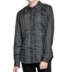 GUESS Mens XS Slim Fit Black Green Grid Print Long Sleeve Button Down Shirt Top